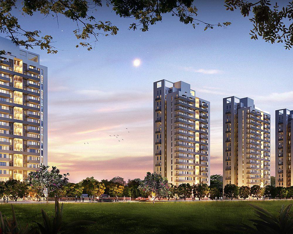 The Seven Elements high-rise towers lit at dusk (artist's impression)