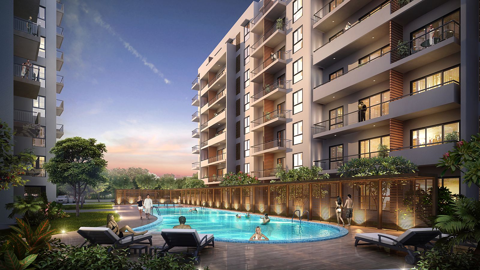 Swimming pool between the blocks at dusk (artist's impression)
