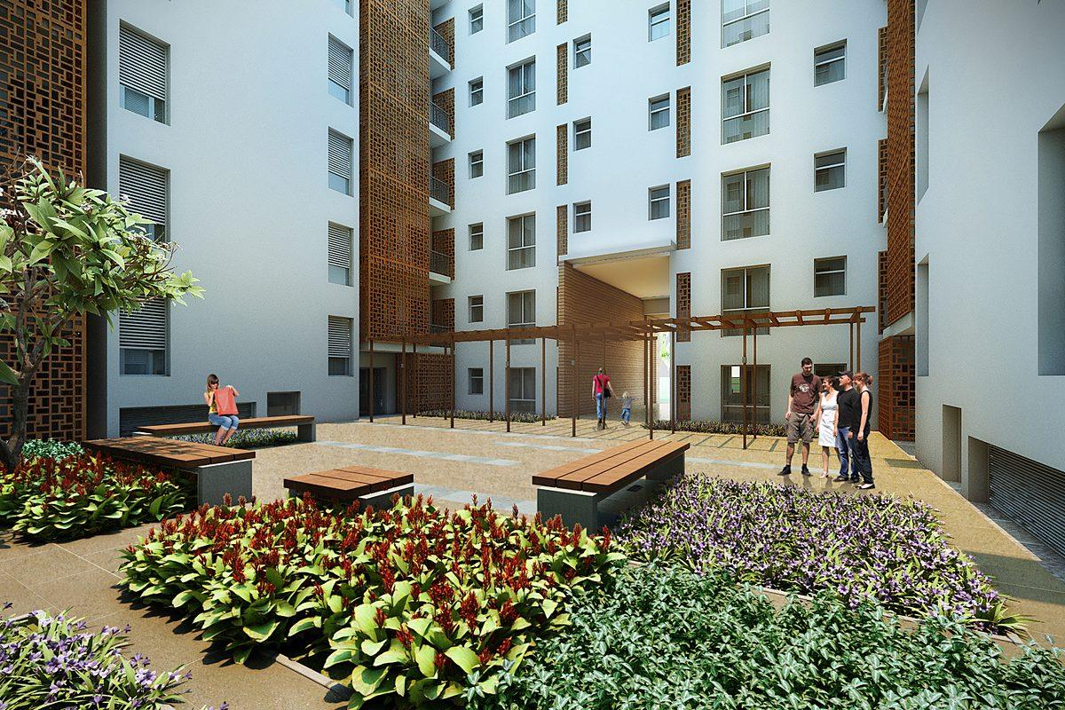 Landscaped entrance court with seating (artist's impression)