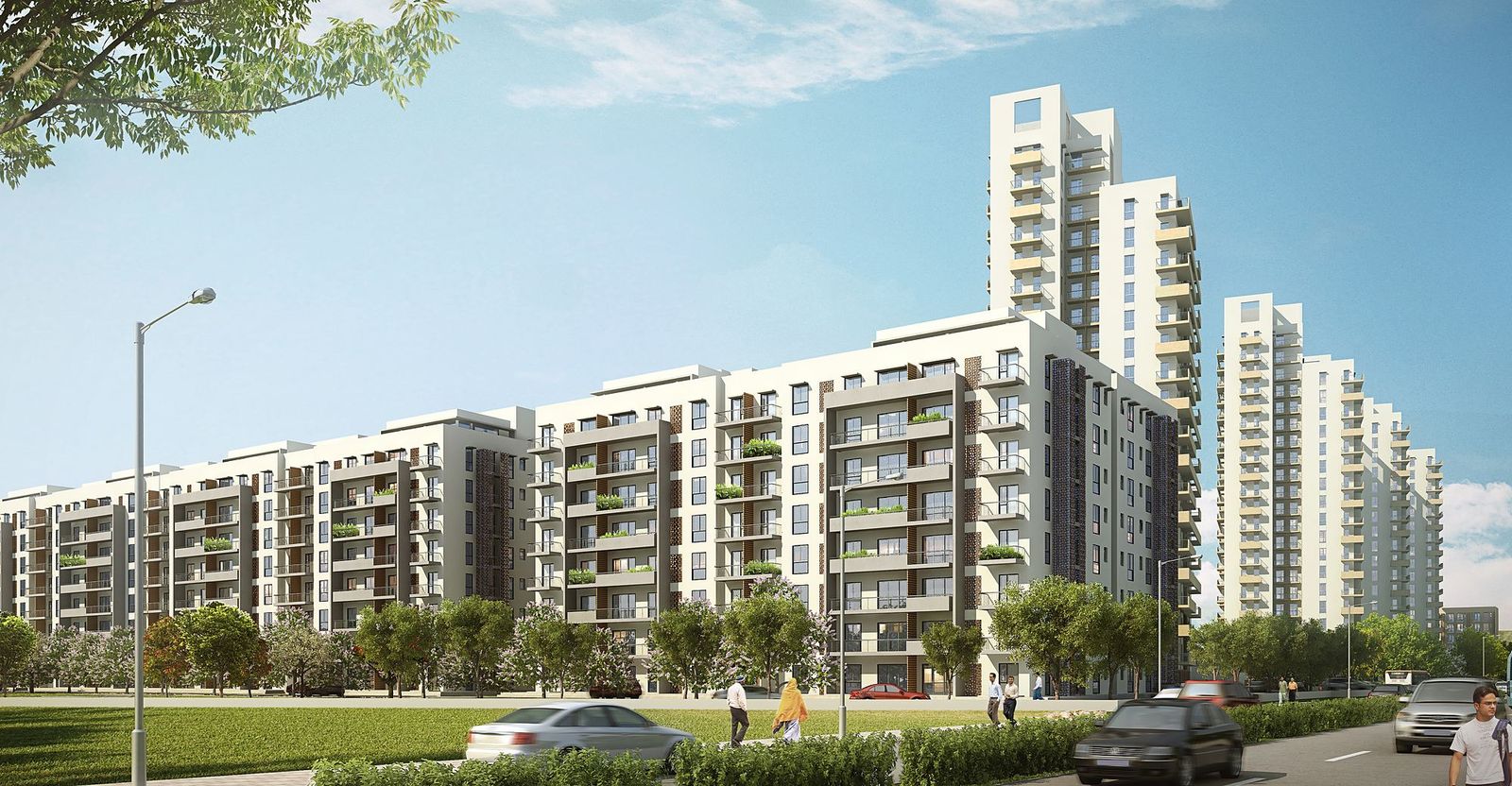 Seven Elements towers seen from the tree-lined approach road (artist's impression)