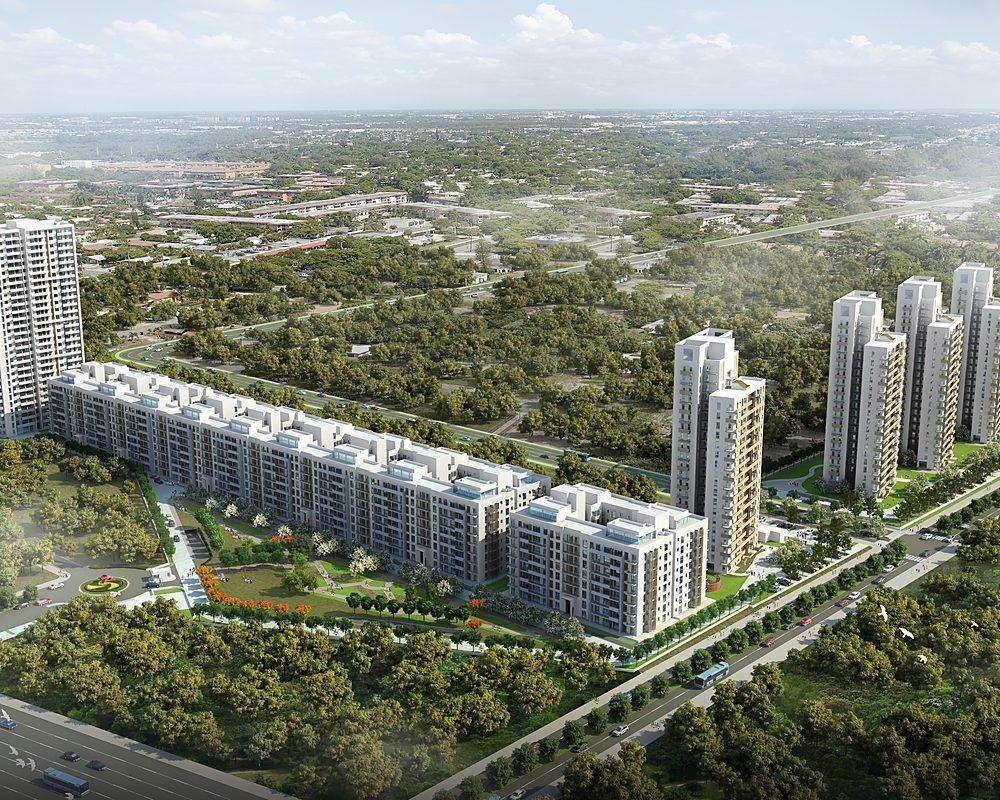 Aerial view of Vatika Seven Elements with mid-rise and high-rise blocks among dense greens