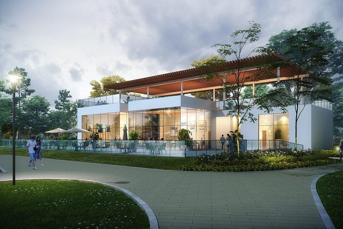 One of the two clubs, lit at dusk (artist's impression)