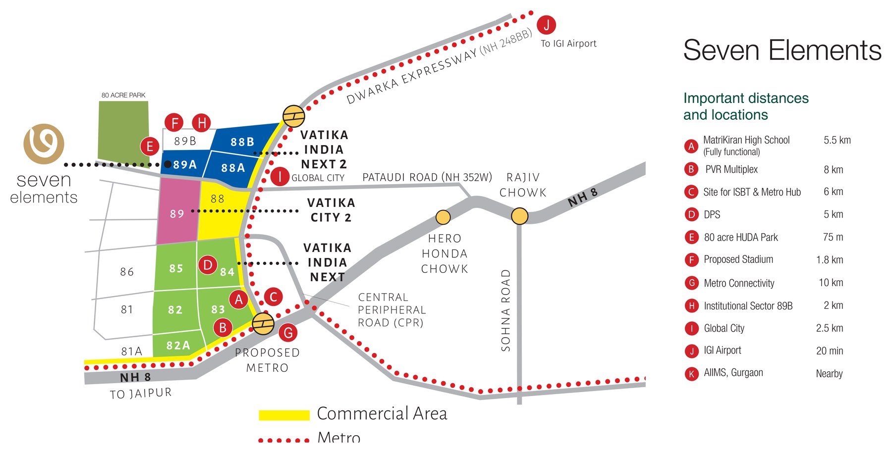 Location map of Vatika Seven Elements, Sector 89A, with Dwarka Expressway, Pataudi Road, NH-8, Global City and the proposed metro