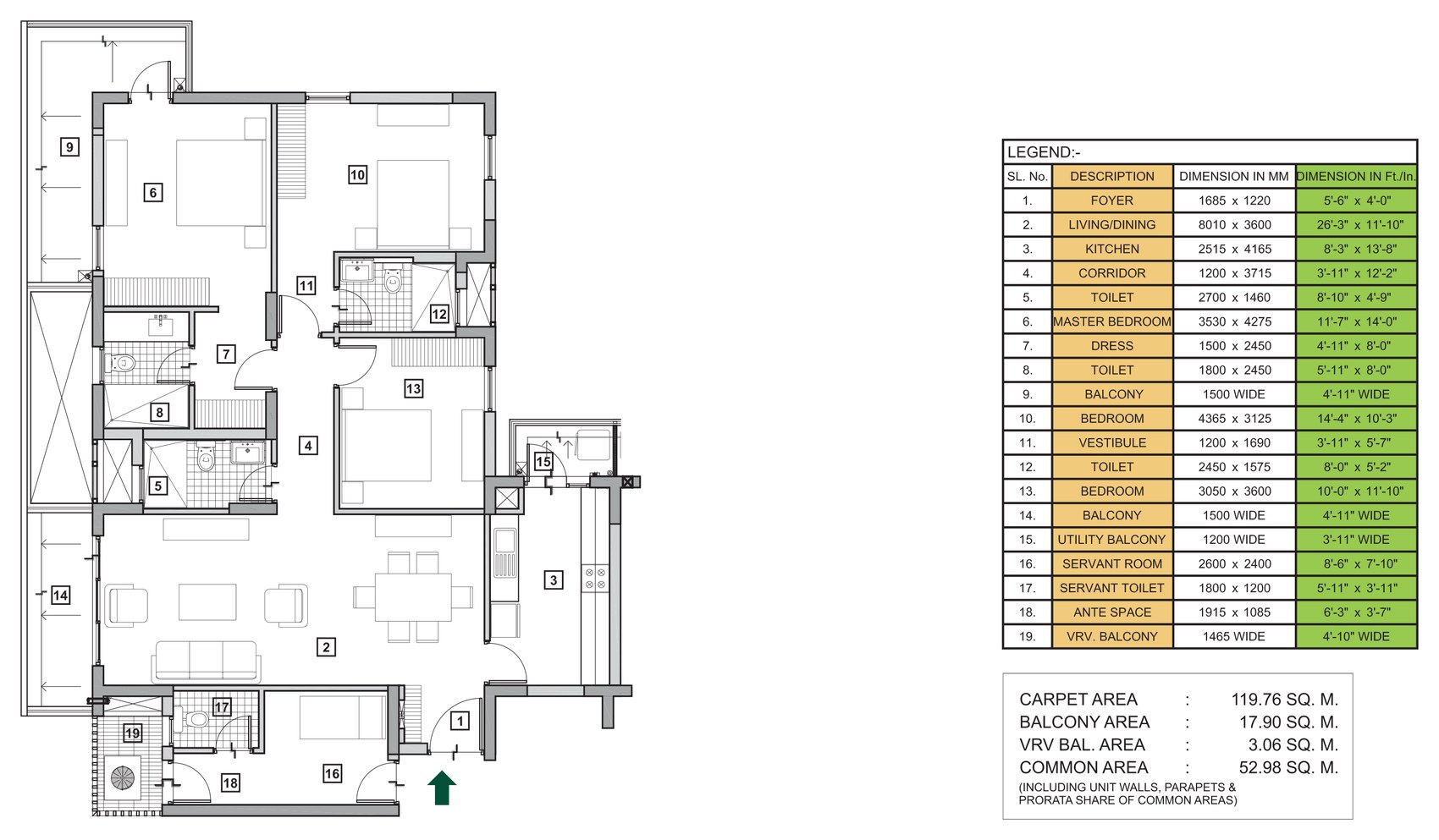 High-rise 3 BHK + 3 toilets + servant room, Type A floor plan