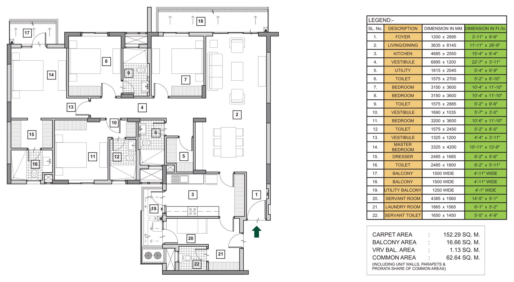 Mid-rise 4 BHK + 4 toilets + servant room, Type A floor plan