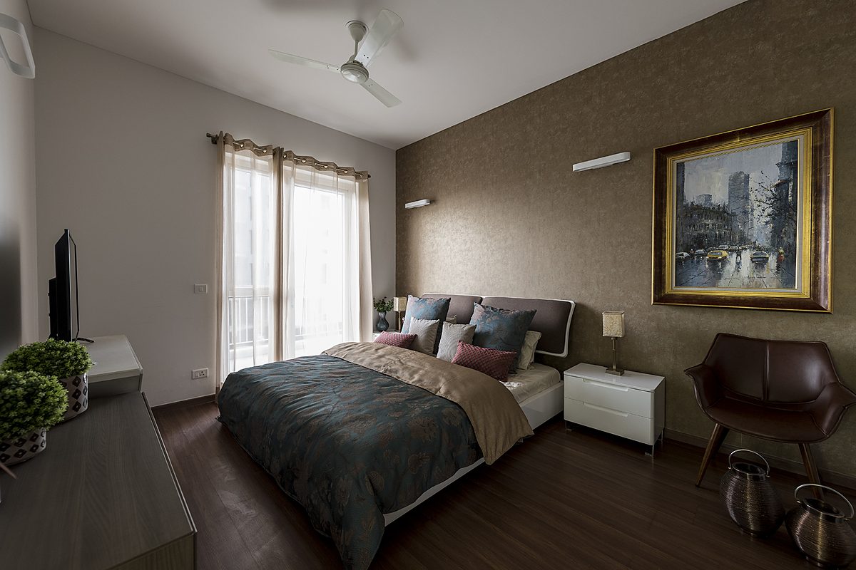 Master bedroom with tall windows and high ceiling (actual image)